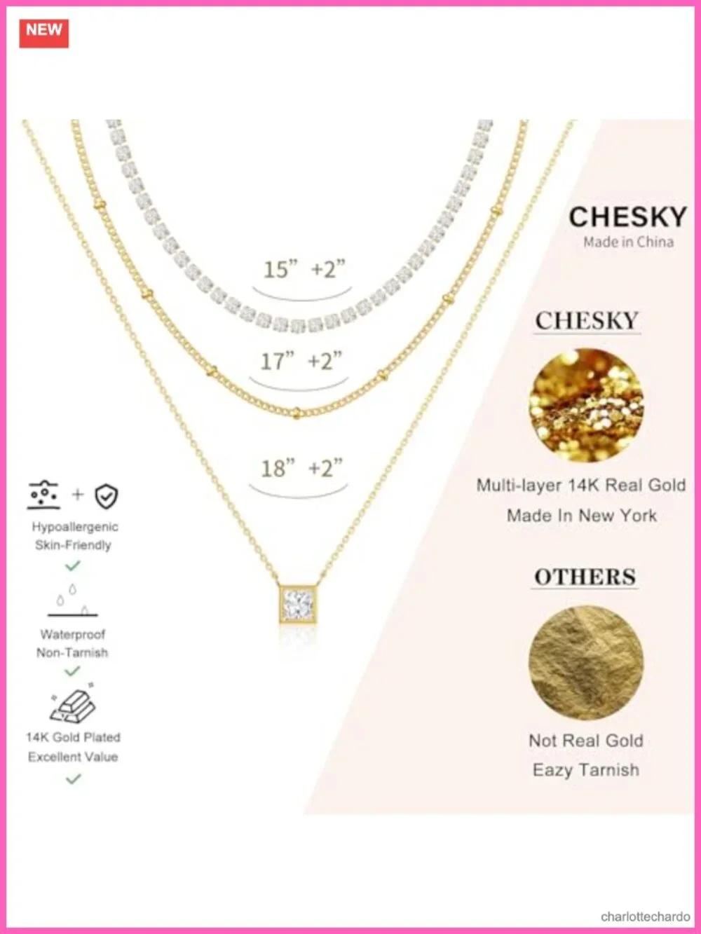 14K Gold Plated Layered Necklace CZ Tennis Bar Pendant Dainty Stackable